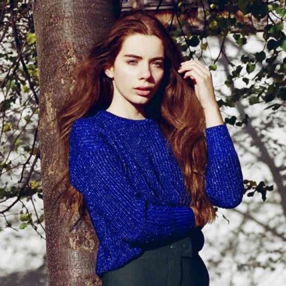 Size S American Apparel Blue Metallic Fisherman Sweater - Picture 1 of 15